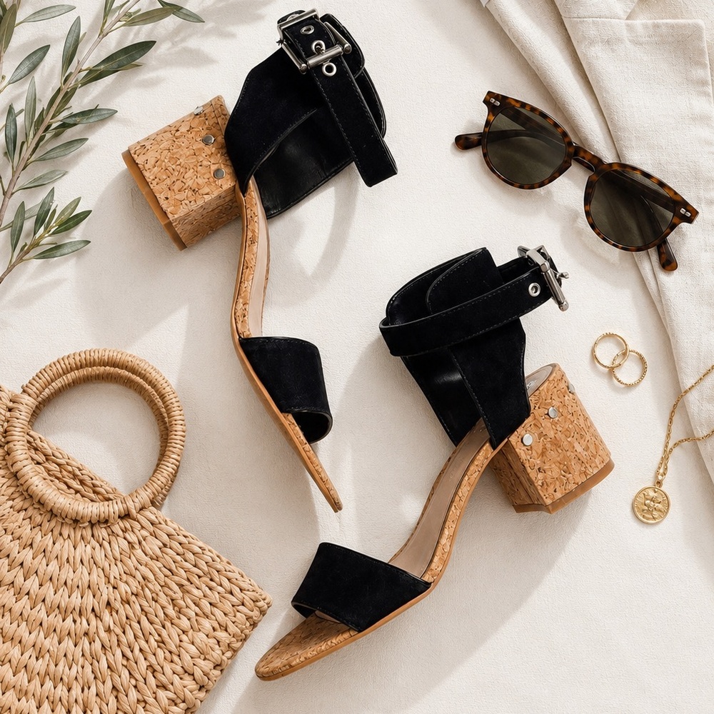 Black Cork Block Heel Sandals - Women's Stylish Ankle Strap